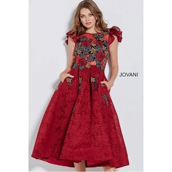 Jovani Burgundy Floral Embroidered Fit and FlareContemporary Dress M59787